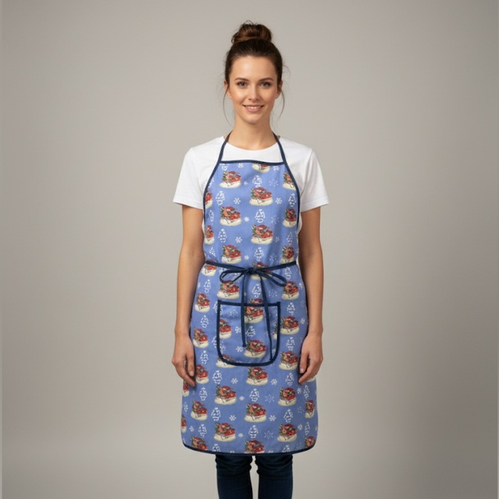 Festive Blue Apron with Holiday Print